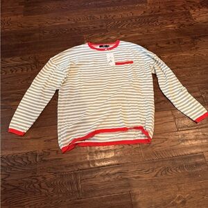 Red and White Crew Neck Striped Sweater